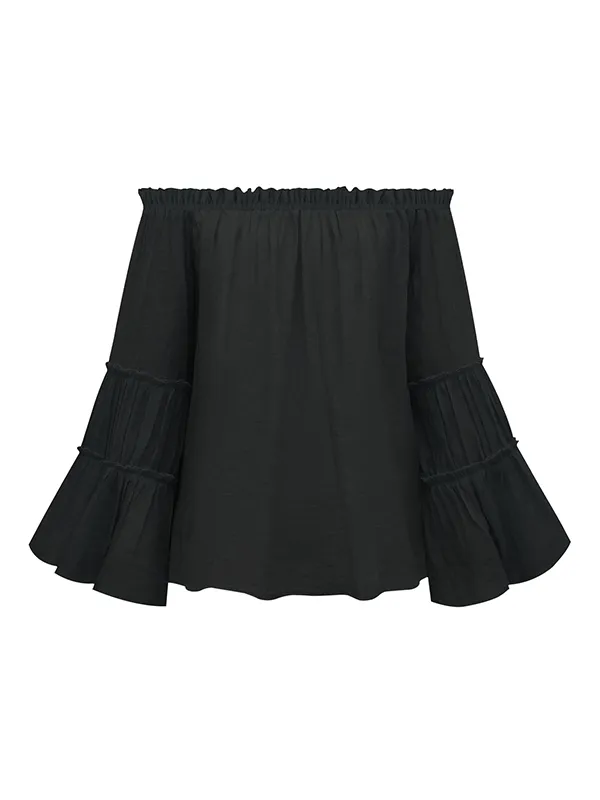 Urban Solid Color Pleated Puff Sleeves Off-The-Shoulder Blouse