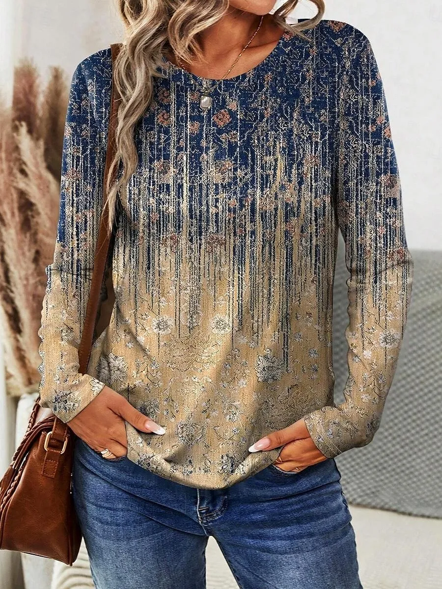 Women's T shirt Long Sleeve Crew Neck Long Sleeve Tunic Ombre Graphic Casual Regular Tops Daily Print Khaki Spring Fall Prefall