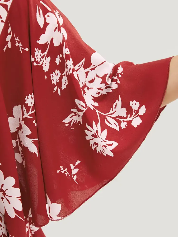 Floral Printed Plicated Detail Flutter Sleeve Blouse