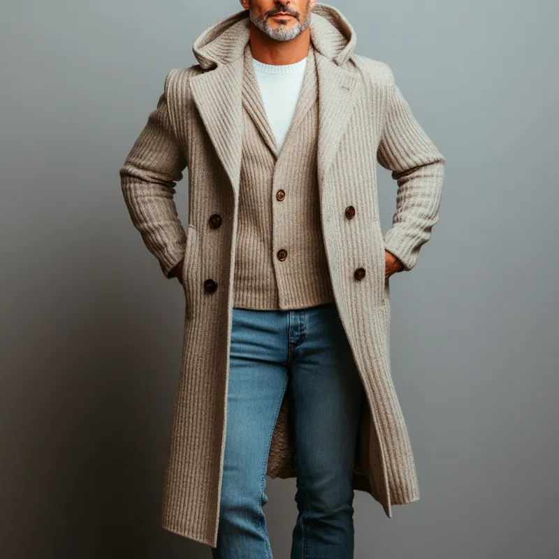 Men's Daily Knitted Double Breasted Pocket Long Sleeve Hooded Overcoat
