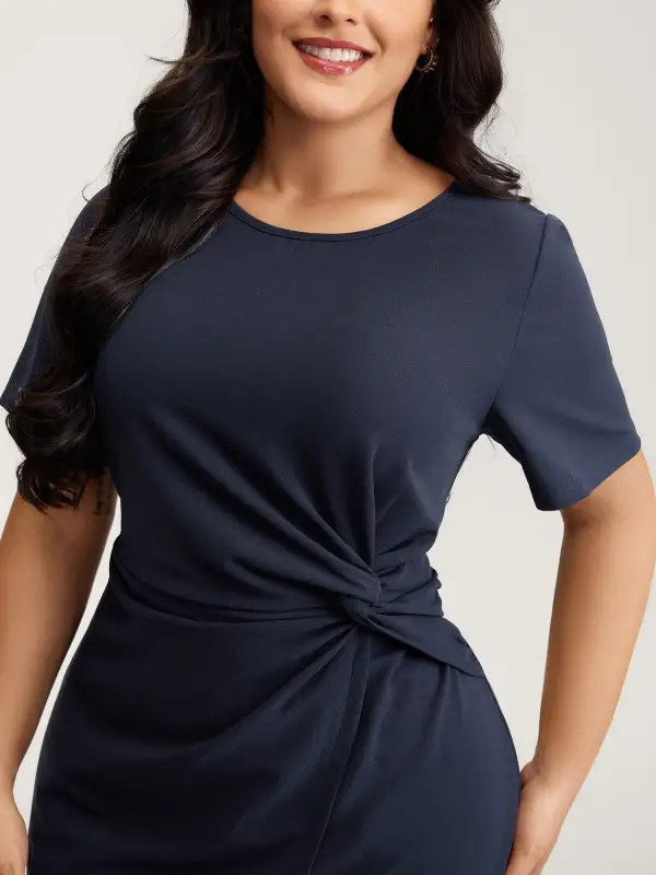 Half-Sleeve Split Front Sheath Midi Dress