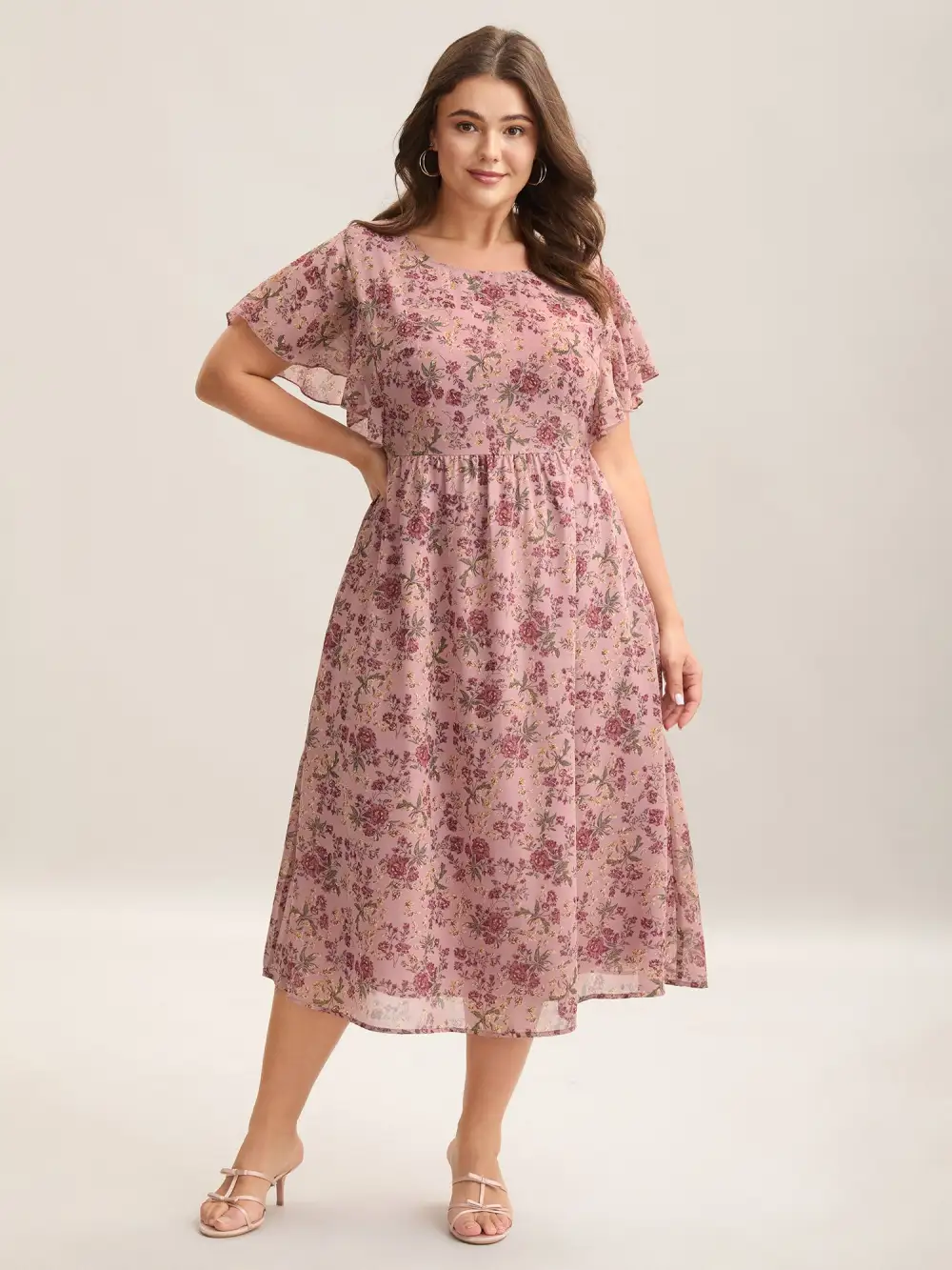 Chiffon Floral Print Ruffled Midi Dress