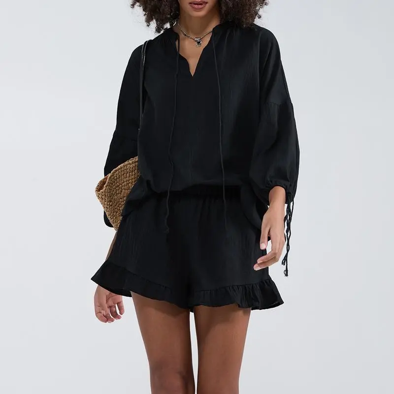 Women's Solid Color V-Neck Tie Top & Elastic Waist Shorts 2-Piece Summer Set