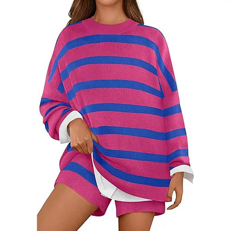 Women's 2 Piece Sweater Lounge Sets Striped Long Sleeve Shorts Oversized Matching Outfits