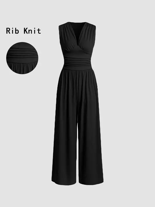 Women's Sleeveless Ruched V-Neck Ribbed Jumpsuit – Minimalist Wide-Leg One-Piece