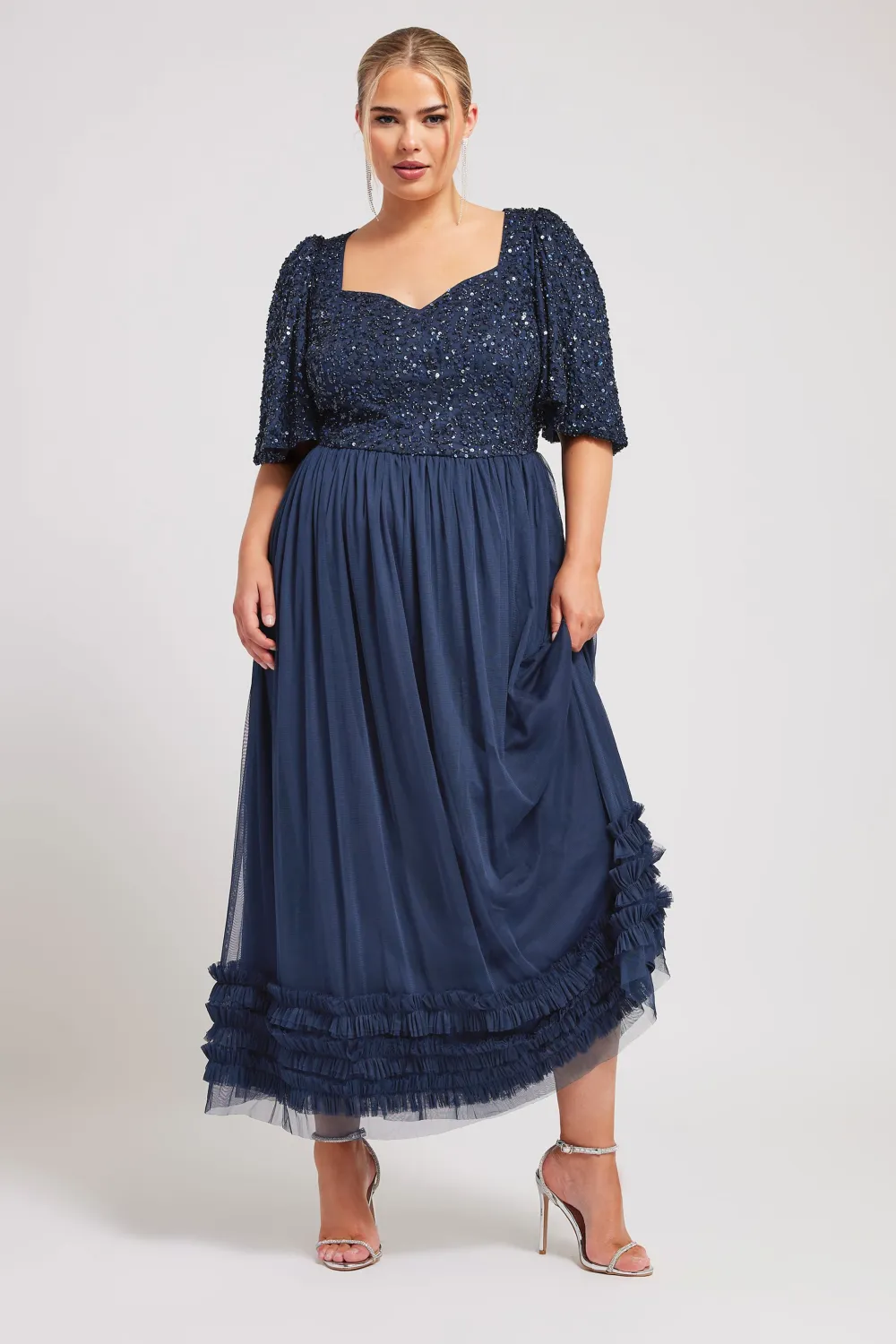 LUXE Curve Black Sequin Sweetheart Ruffle Maxi Dress