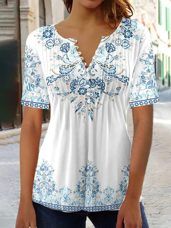 Women's T shirt Tee Henley Shirt Floral Button Print Holiday Weekend Elegant Fashion Tunic Short Sleeve Round Neck White