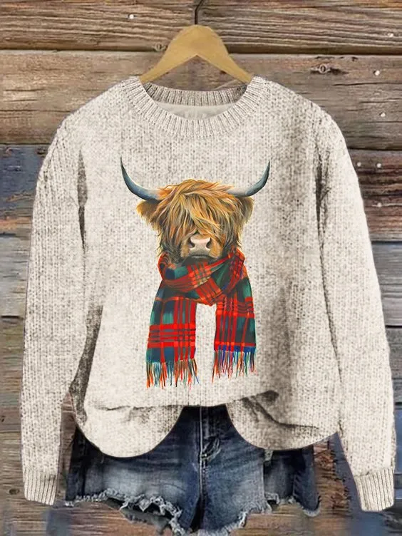 Women's Cute Highland Cow Print Knitted Crew Neck Sweater