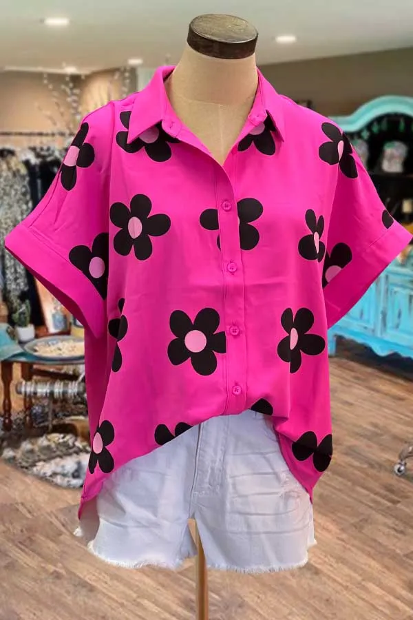 Floral Print Dolman Sleeve Button Up Top
