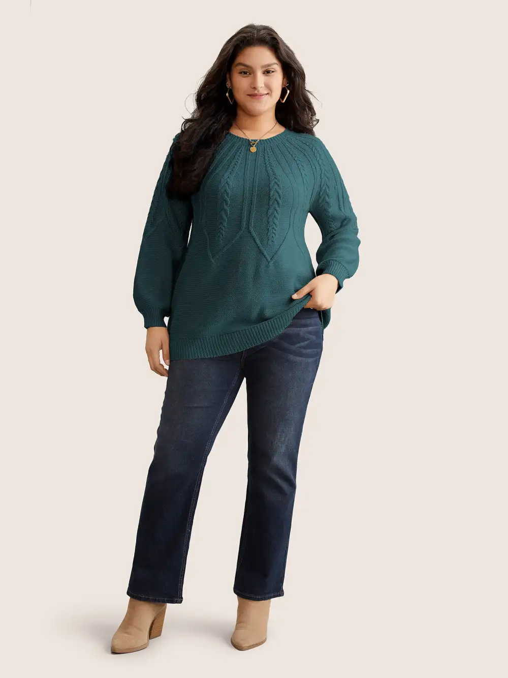 Solid Textured Lantern Sleeve Pullover