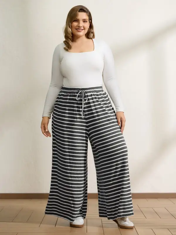 Stretchy Stripes Drawstring Wide-Leg Pants