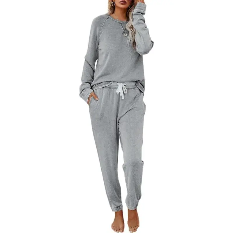 Women's Solid Sweatsuit Set 2 Piece Long Sleeve Pullover and Drawstring Sweatpants Sport Outfits Sets
