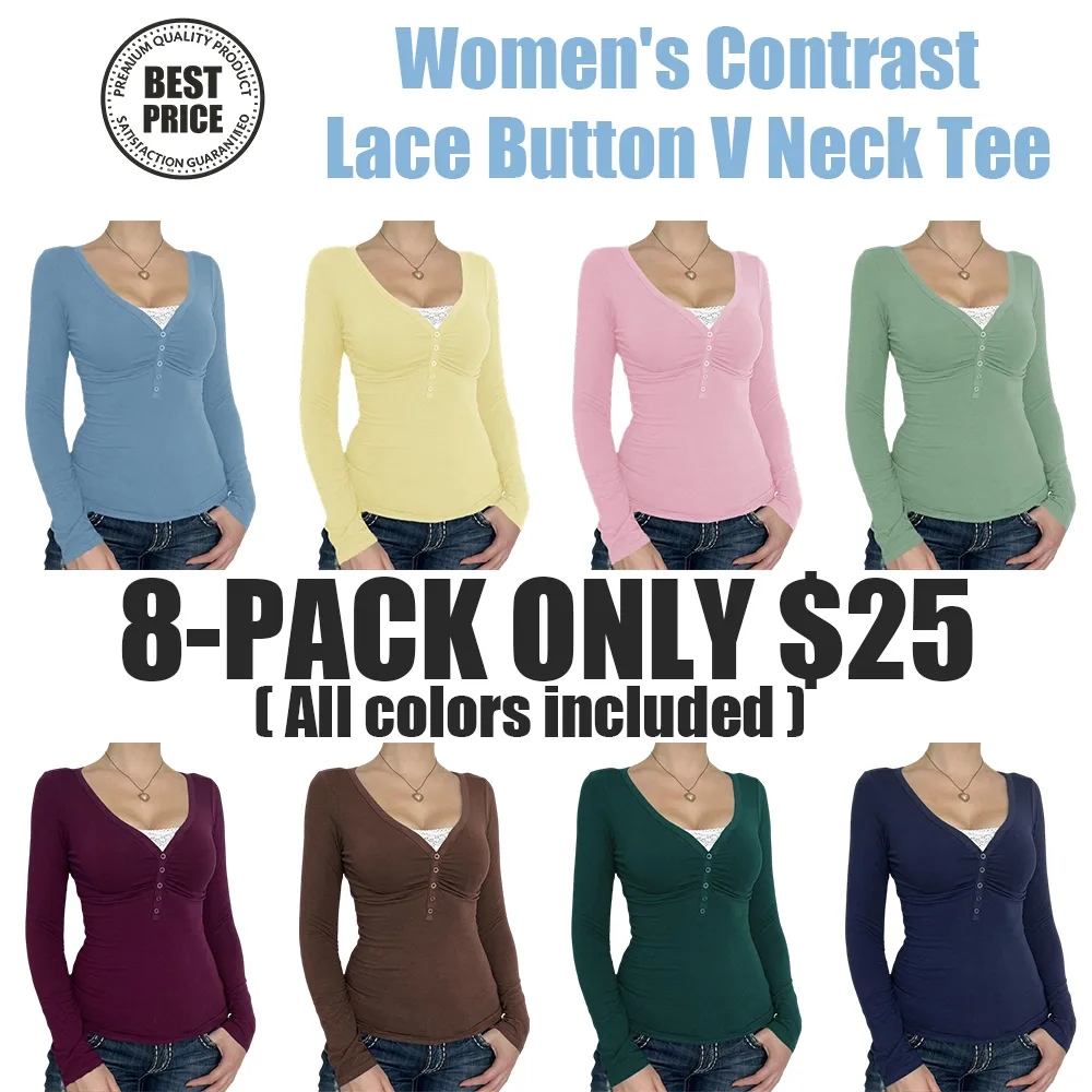 Women's Contrast Lace Button V Neck Tee