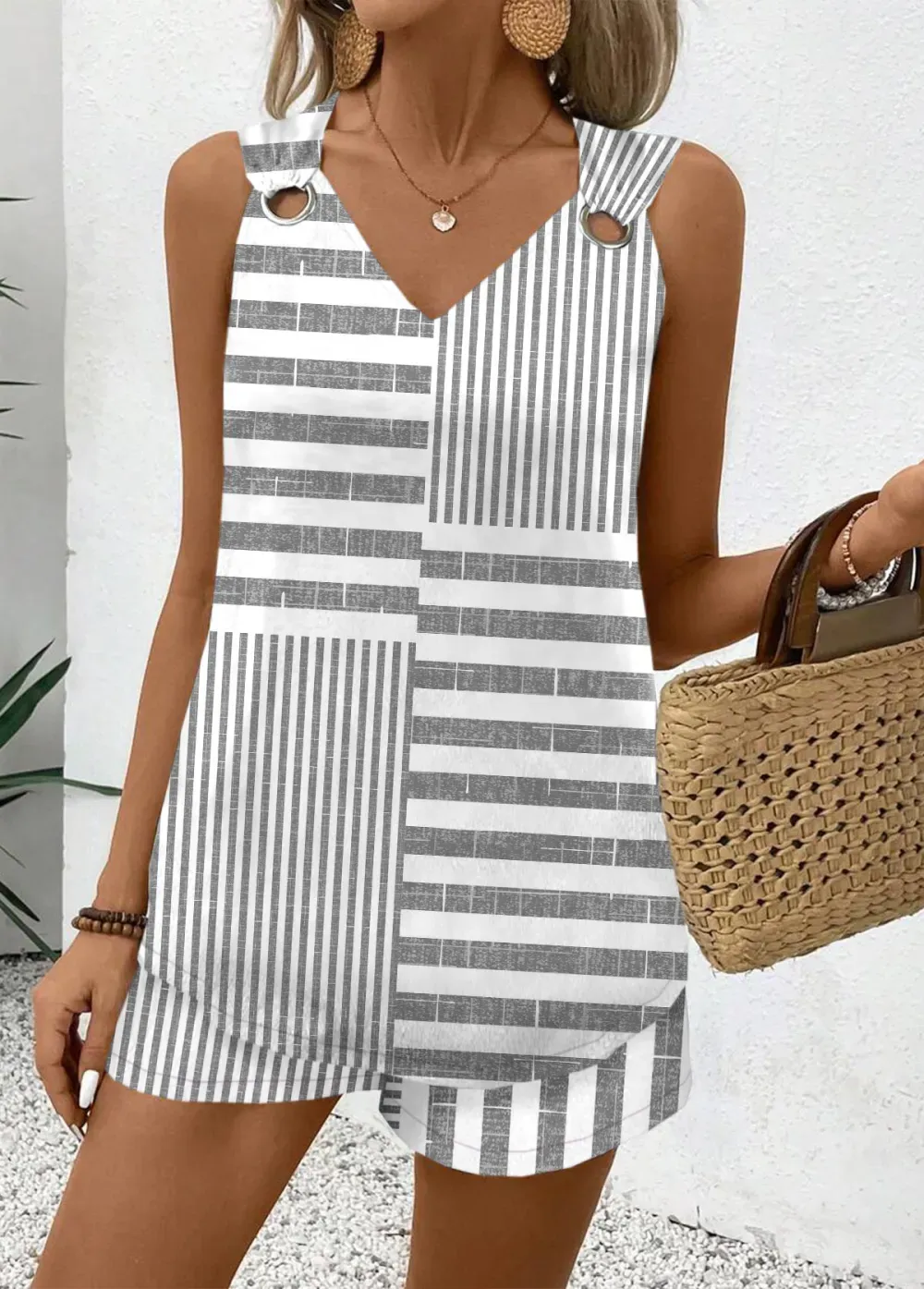 Grey Striped Sleeveless V Neck Tank Top and Shorts