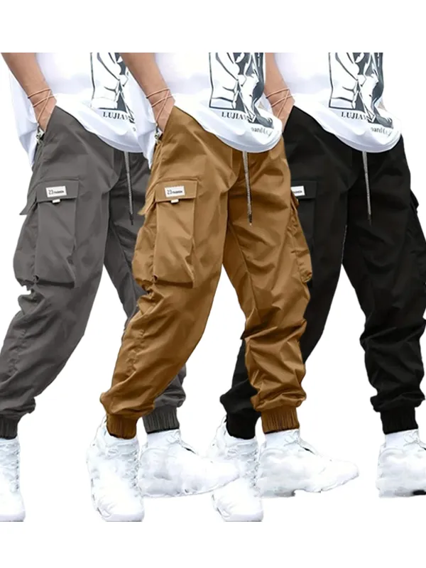 Men's Plus Size Cargo Pants – Solid Color, Drawstring, Flap Pockets