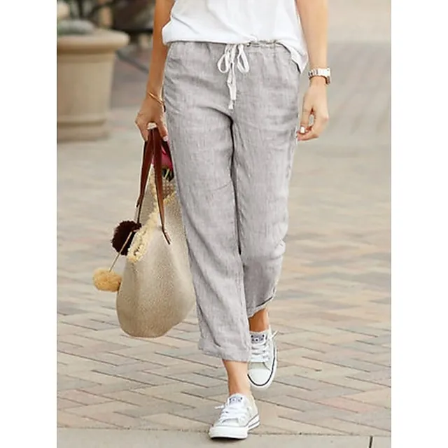 Women's Chinos Pants Trousers Baggy 100% Cotton Plain Baggy Full Length Micro-elastic Mid Waist Fashion Casual Weekend Black Blue S M