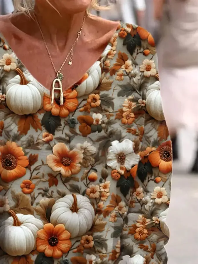 Women's Pumpkin Print Casual T-shirt