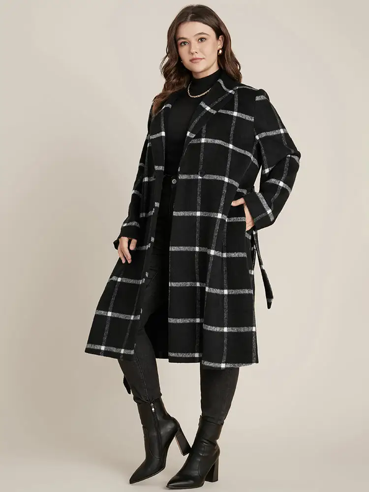 Plaid Lapel Collar Belted Pocket Coat