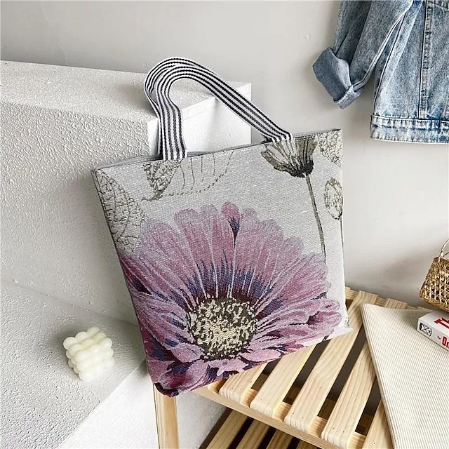Women's Tote Shoulder Bag Canvas Tote Bag Oxford Cloth Shopping Daily Zipper Print Large Capacity Lightweight Durable Cat Flower Folk Butterfly Unicorn Black cat