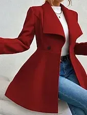 Women's Coat Warm Comfortable Pocket Buttons Fashion Plain Outdoor Vacation Double Breasted Long Turndown Regular Fit Long Sleeve Outerwear Black Red Camel Fall Winter