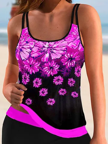 Scoop Neck Vacation Floral Printing Tankini