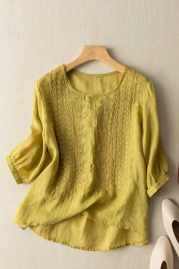 Vintage Floral Embroidered Linen Top