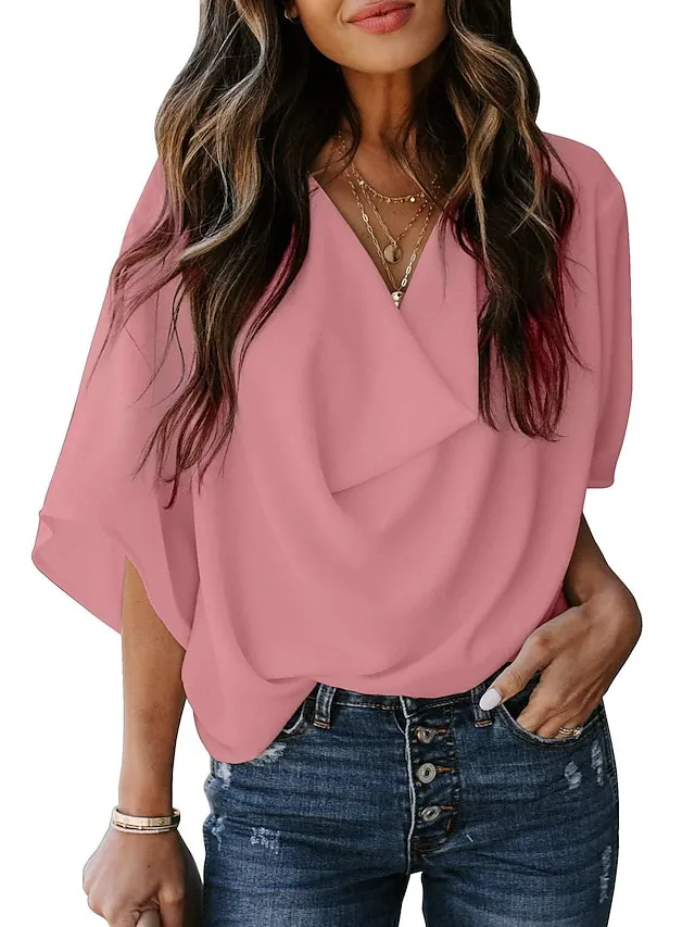 Women's Shirt Blouse Almond Black White Plain Long Sleeve Casual Basic V Neck S