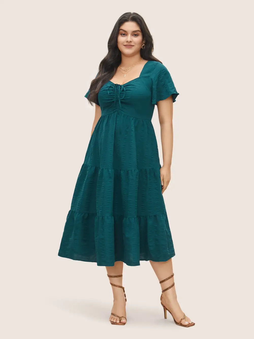 Plain Ruched Drawstring Pocket Ruffle Tiered Dress