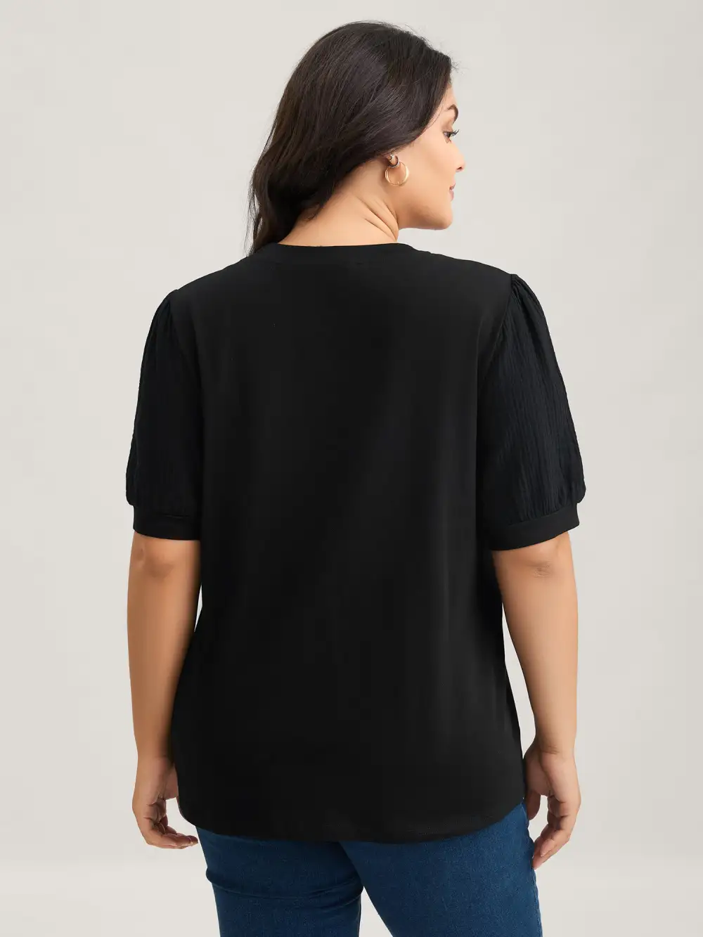 Plain Textured Patchwork Lantern Sleeve T-Shirt