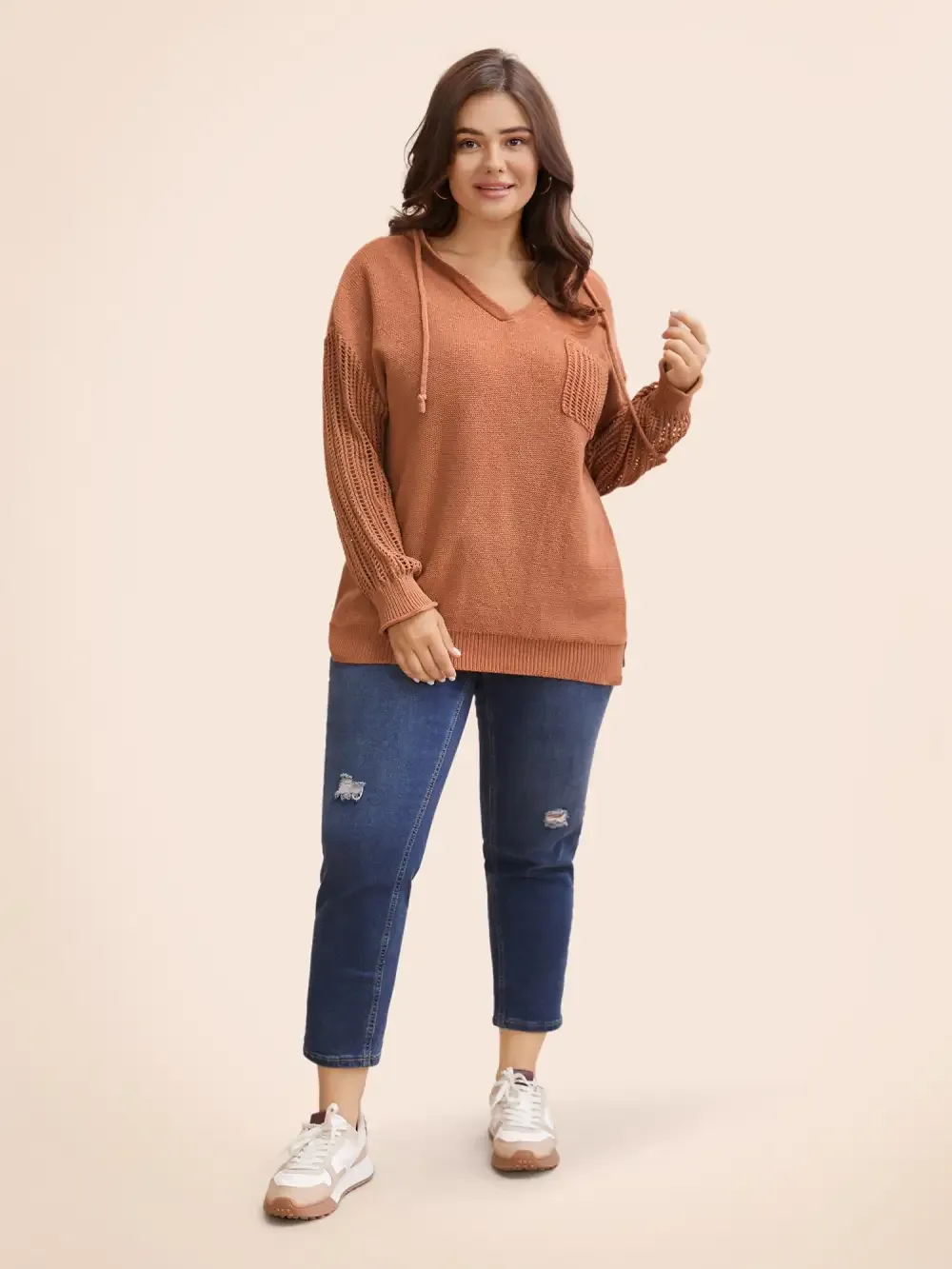 Hooded Drawstring Cut Out Pocket Pullover