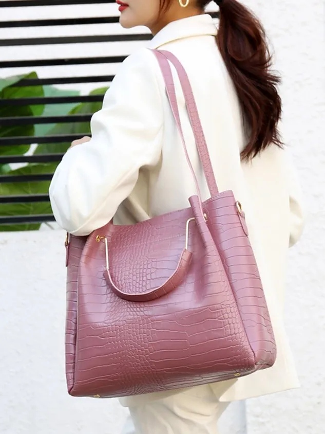 4pcs/set Large Capacity Crocodile Embossed Handbag Commuting Tote Bag with Crossbody Strap