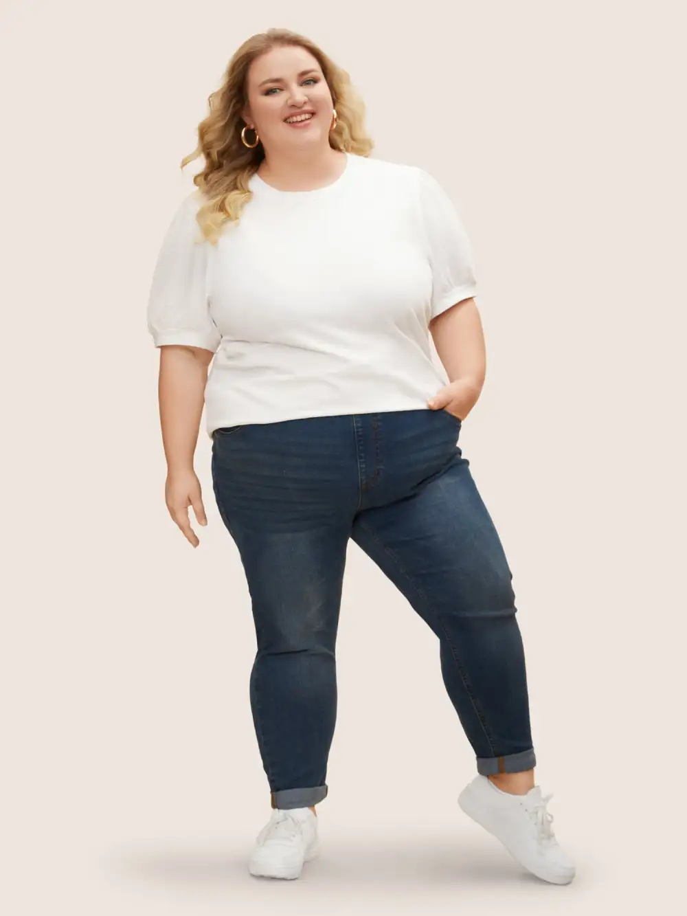 Plain Textured Patchwork Lantern Sleeve T-Shirt