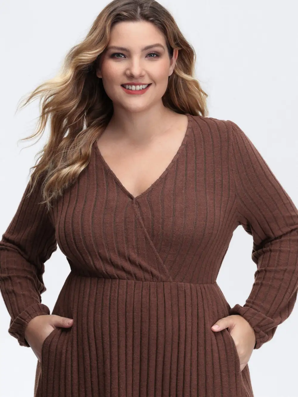 Ribbed Stretchy Cinched-Waist Knit Midi Dress