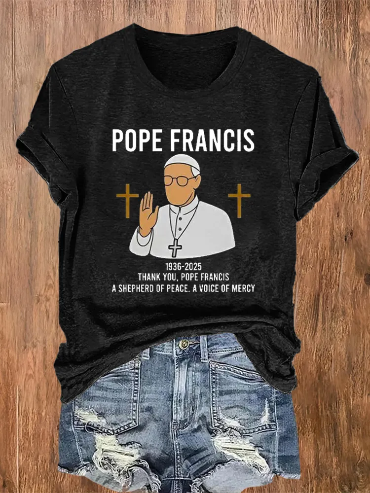 Women's Thank You PF A Shepherd Of Peace A Voice Of Mercy Print Short Sleeve Round Neck Cotton T-Shirt