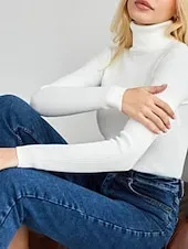 Women's Sweater Casual Soft Pure Color Ribbed Turtleneck Knitted Long Sleeve Regular Tops Knit Outdoor Daily Weekend Black White Fall Winter