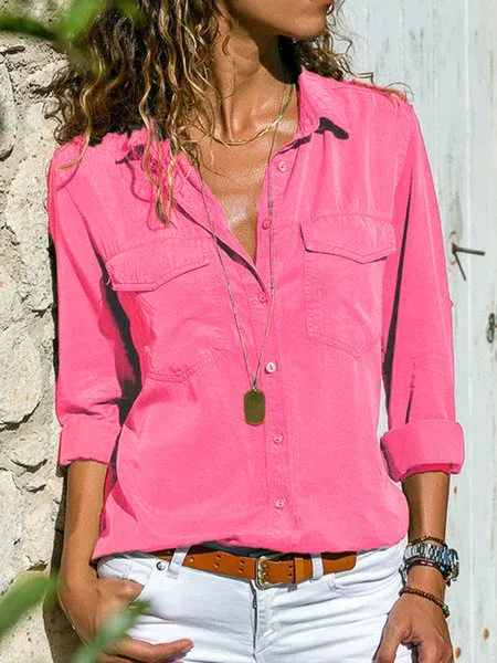 Plain Buttoned Pockets Casual Long Sleeve Shirt