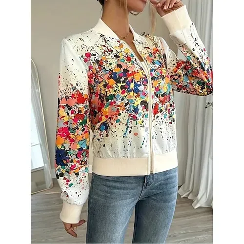 Women's Casual Jacket Comfortable Zipper Fashion Daily Modern Floral School Outdoor Vacation Home Regular Baseball Collar Regular Fit Long Sleeve Outerwear White Spring Fall
