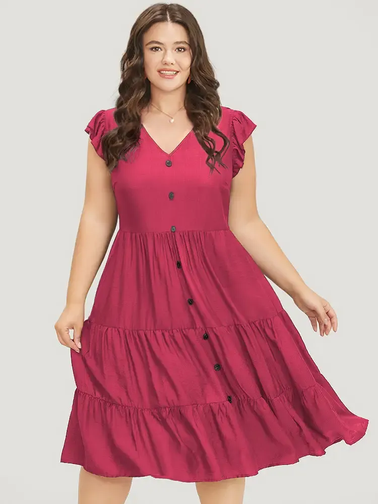 Plain Pocket Button Detail Ruffle Layered Hem Dress