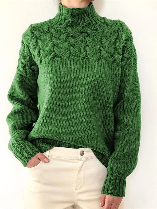 Women‘s Christmas Pullover Sweater Jumper Turtleneck Cable Knit Acrylic Braided Fall Winter Outdoor Daily Going out Xmas Stylish Casual Soft Long Sleeve Pure Color Maillard Black Pink Red S M L