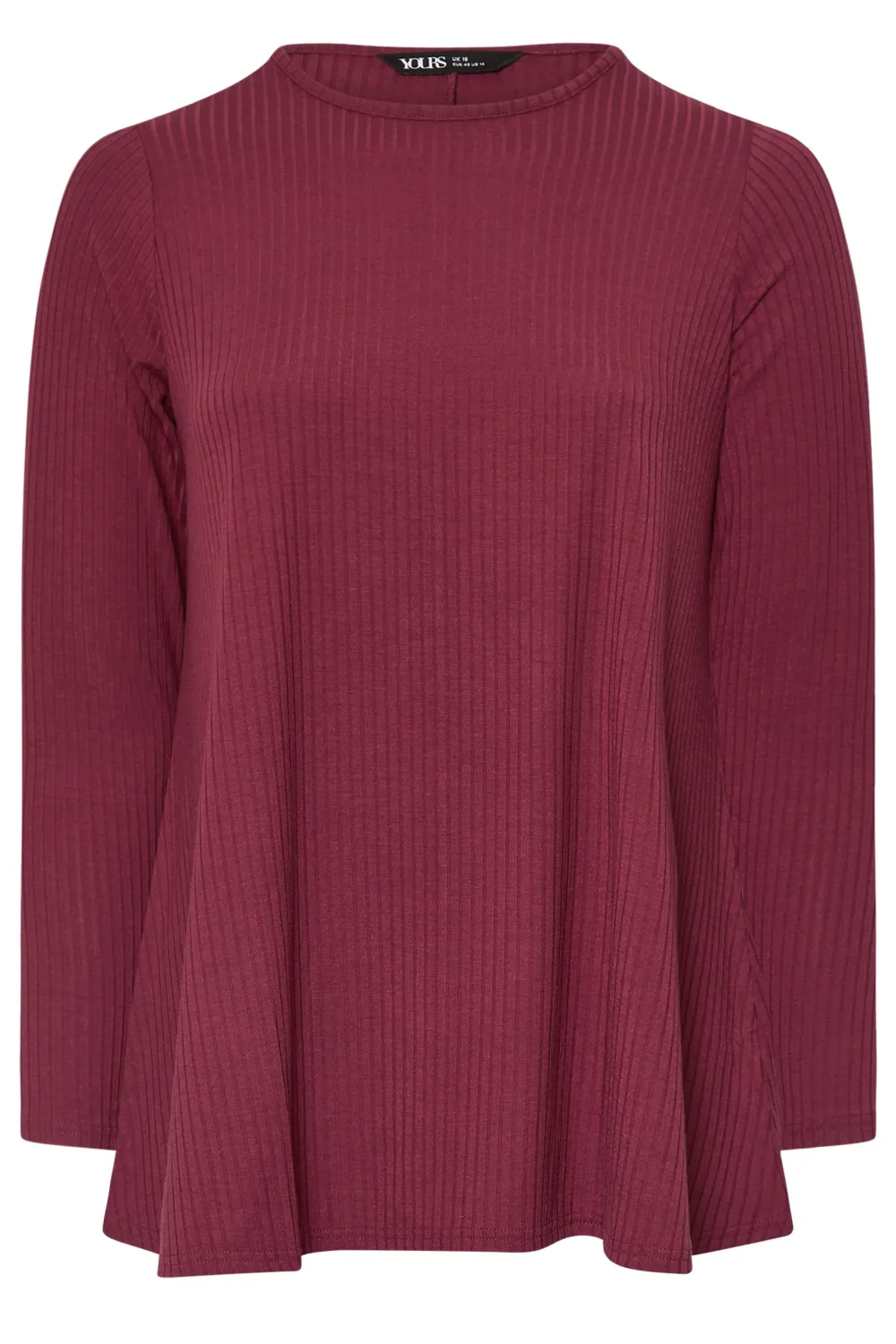 YOURS Curve Black Long Sleeve Ribbed Swing Top