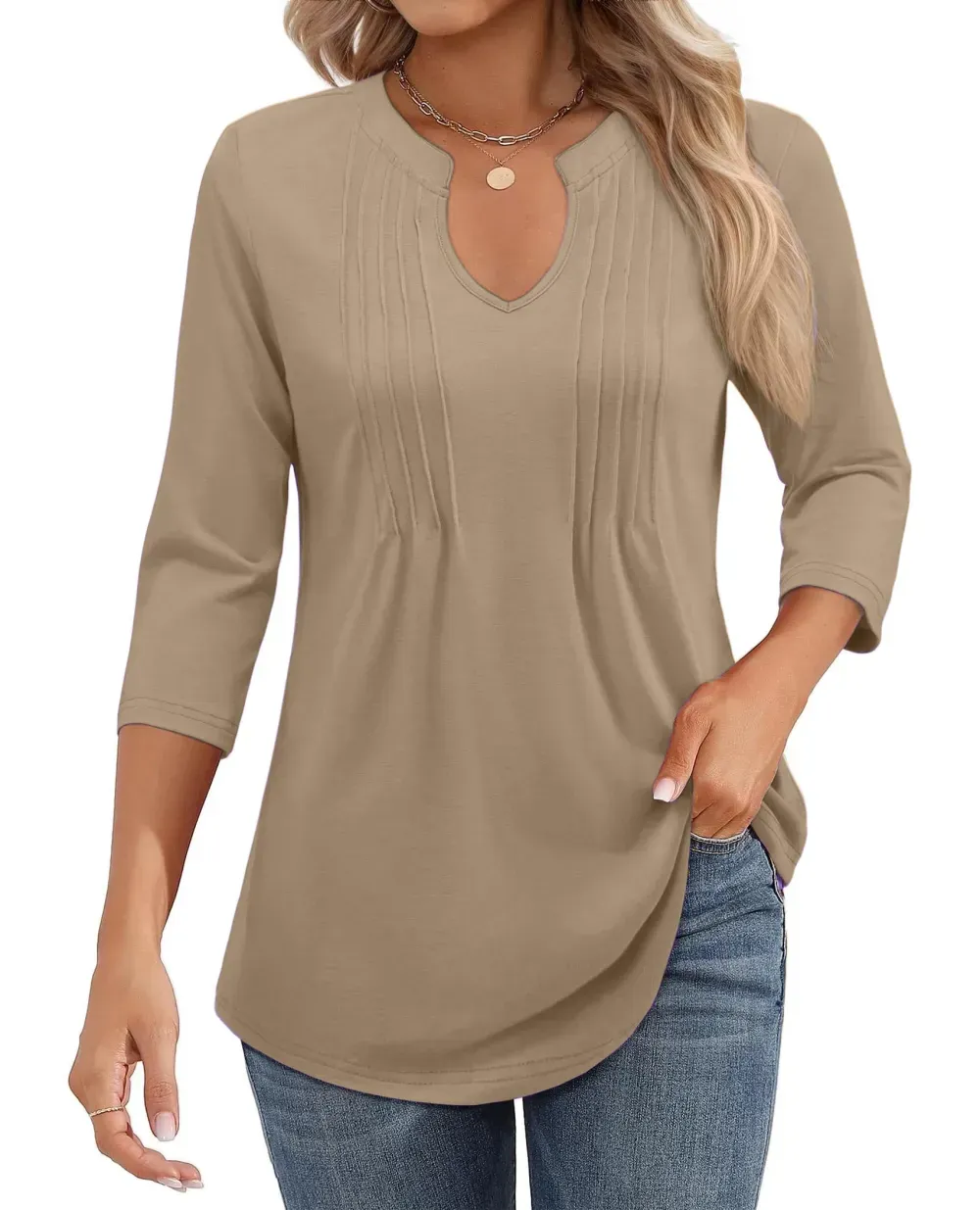 ✨Womens Casual 3/4 Sleeve Pleated Tunic Blouse