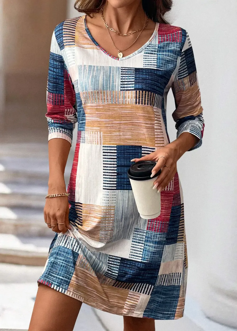 Multi Color Geometric Print A Line Long Sleeve Dress