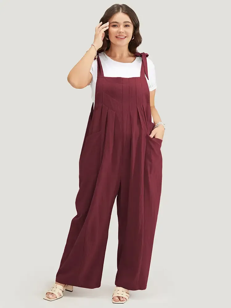 Solid Pleated Detail Pocket Knotted Shoulder Overall Jumpsuit