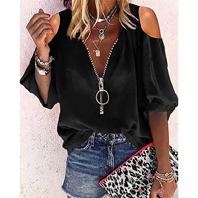 Blouse Women's Solid / Plain Color Hollow Out Zipper Off Shoulder Daily Going out Modern S
