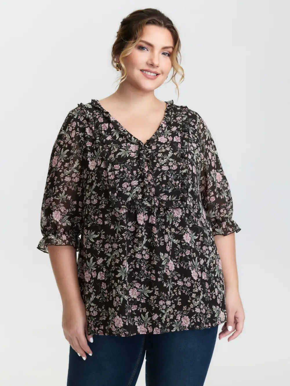 Chiffon Floral Print Ruffled Neck Flowy Shirt