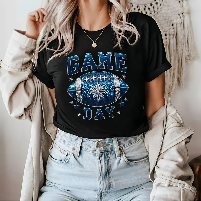 Women's Football Game Day Print Round Neck Short Sleeved T-shirt