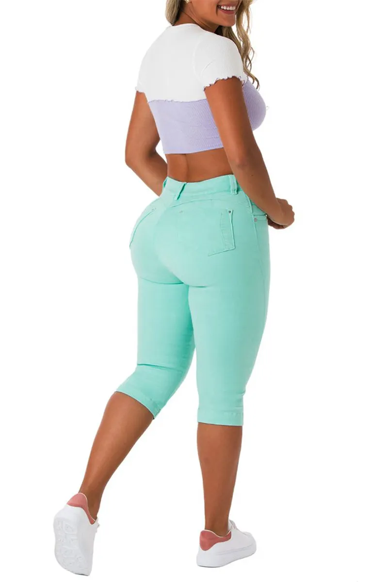 Solid Button Fly High Waist Capri Jeans