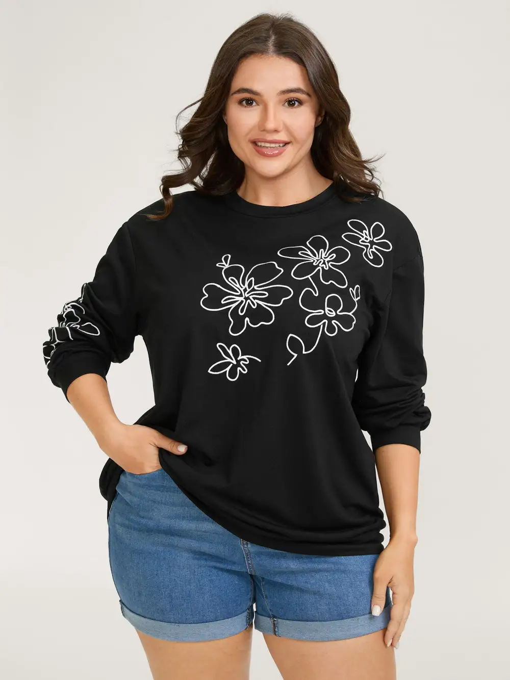 Floral Embroidery Print Relaxed Fit Sweatshirt