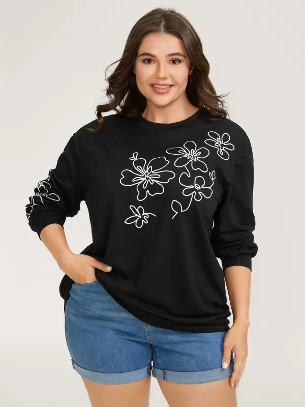 Floral Embroidery Print Relaxed Fit Sweatshirt