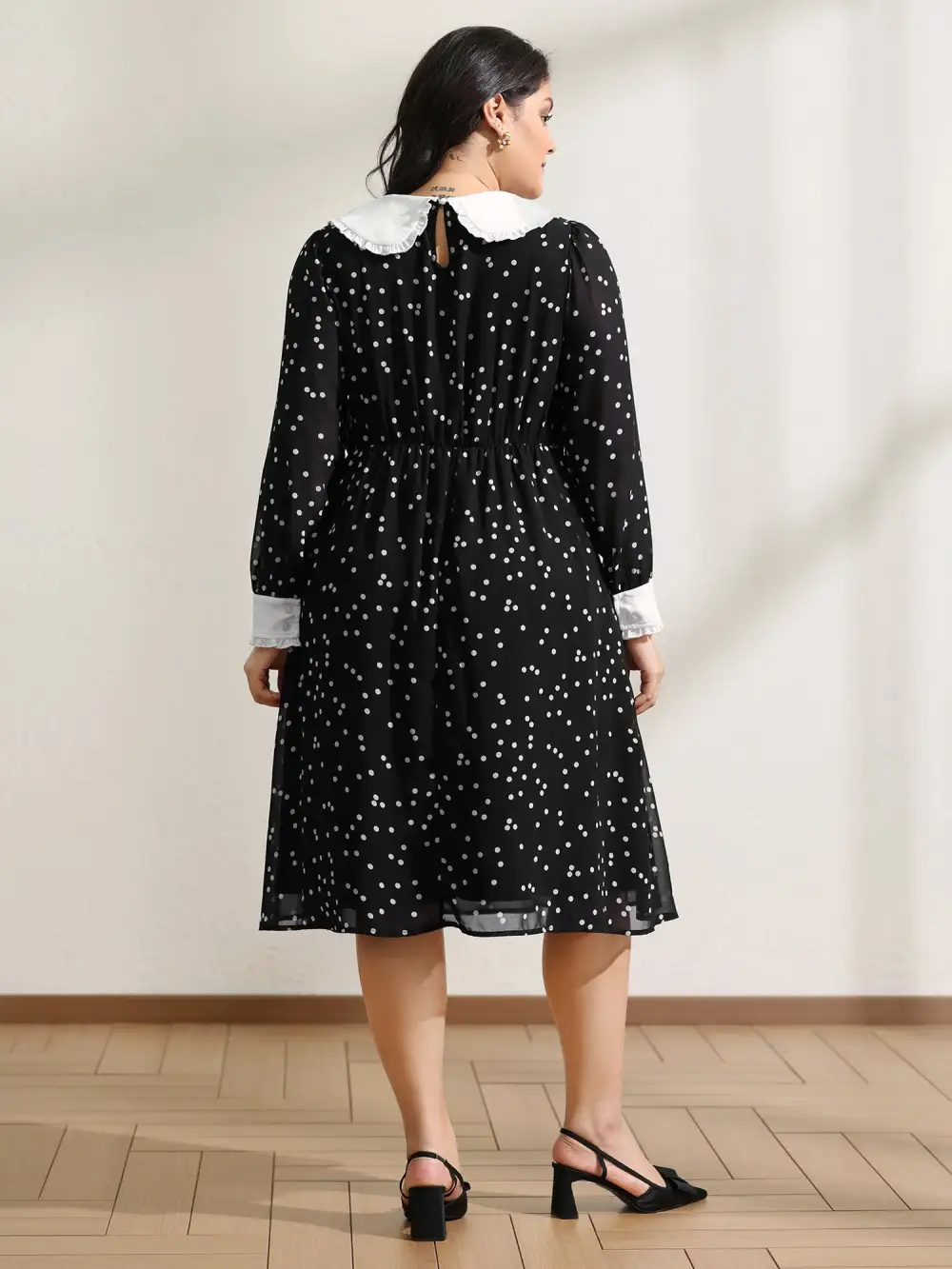 Polka Dots Doll Collar Contrast Midi Dress
